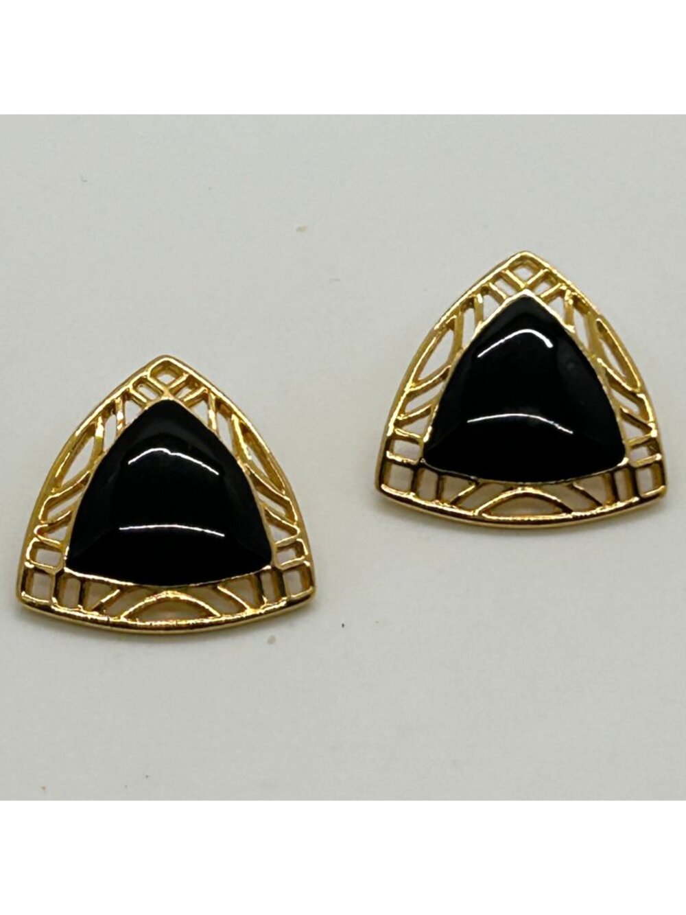 Vintage Black Enamel Gold Tone Triangle Earrings Retro Deco Geometric Statement
